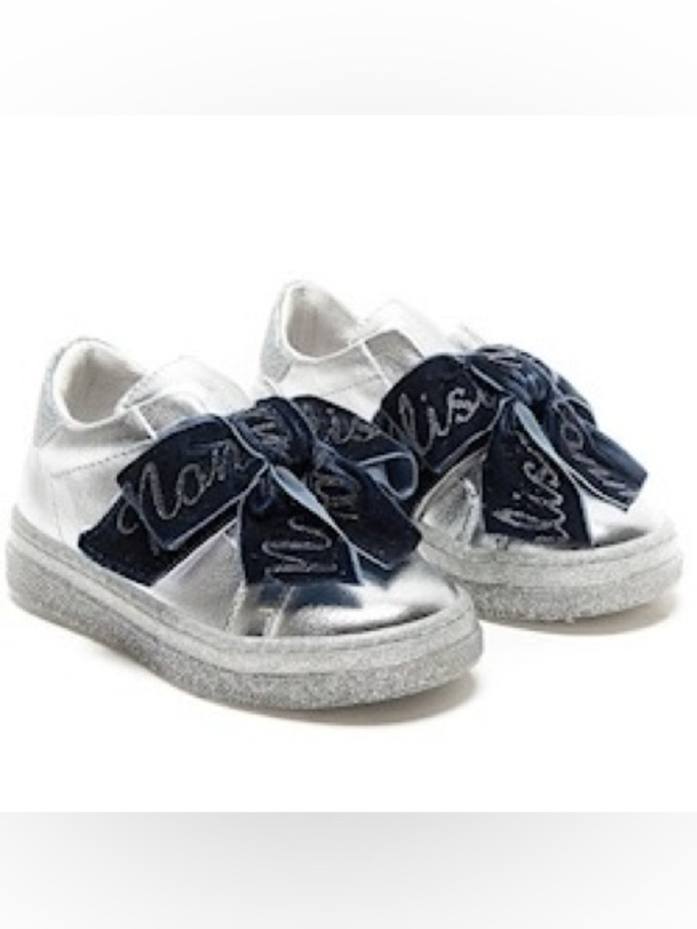 MonnaLisa Kids Girls Bow Leather Glitter Sneakers, Silver/Navy, 34 EU